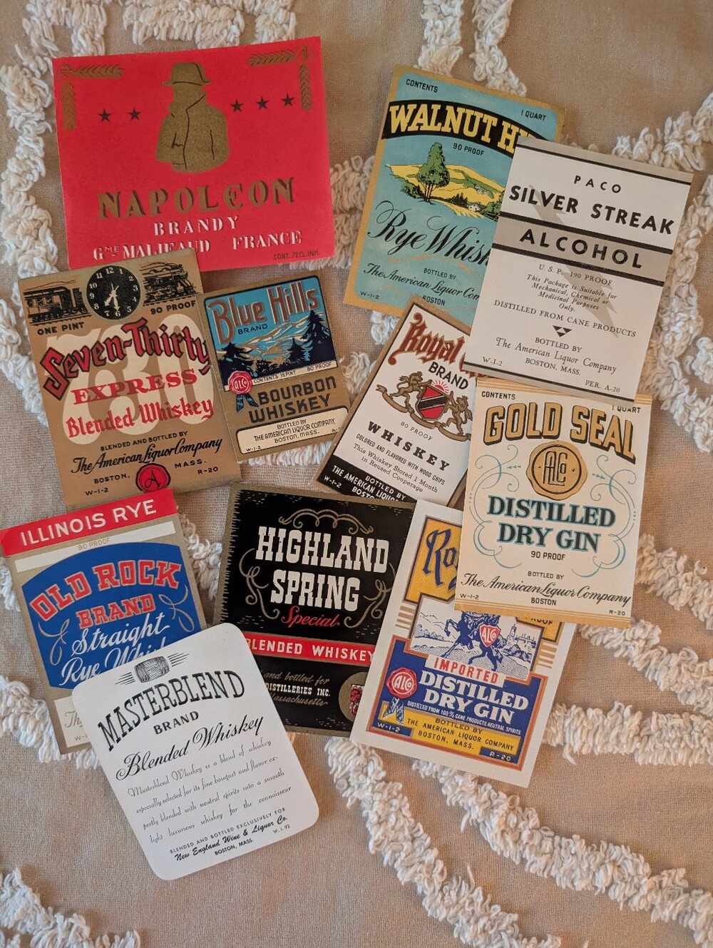 Vintage whiskey paper labels, colorful original un-used Gin labels